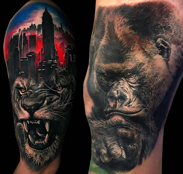 Realism Lion, Gorilla tattoo on Full Sleeve