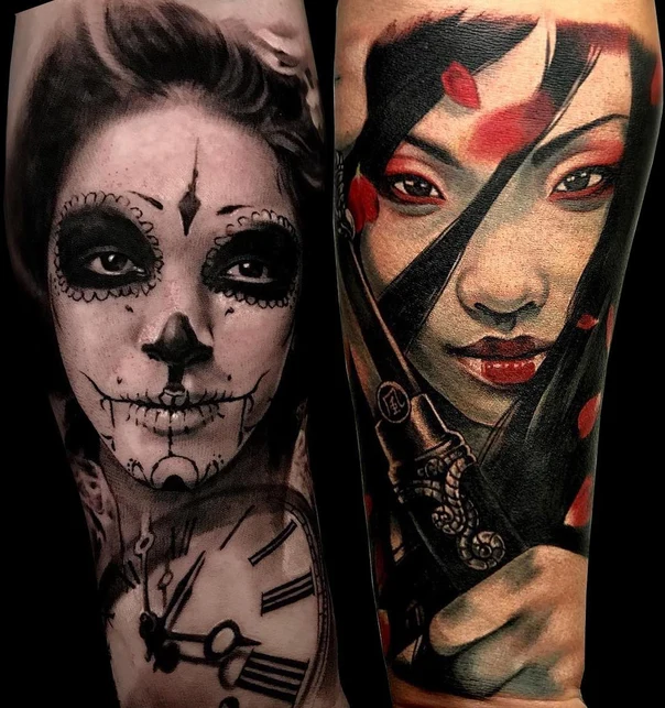 Realism Face, Clock tattoo on Forearm