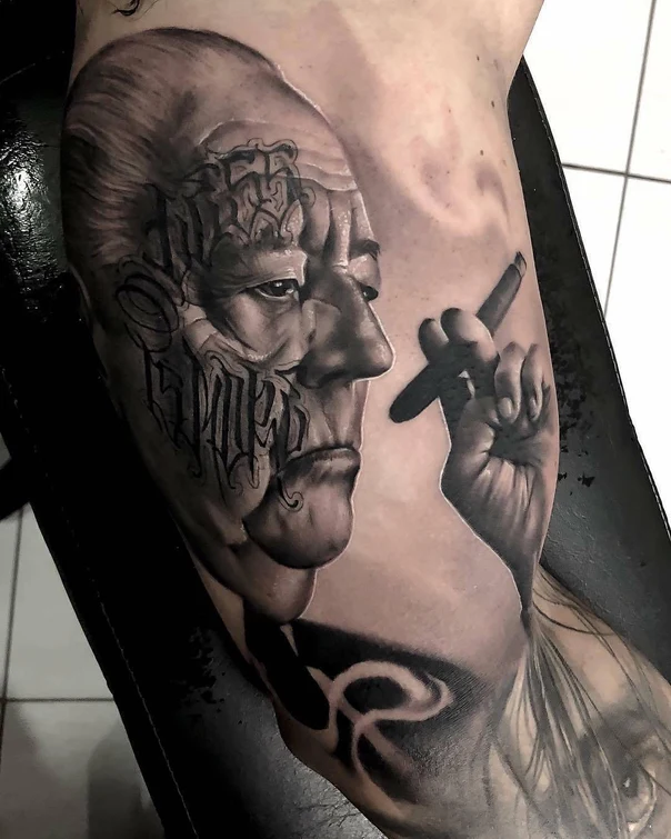 Realism Portrait, Lettering tattoo on Bicep
