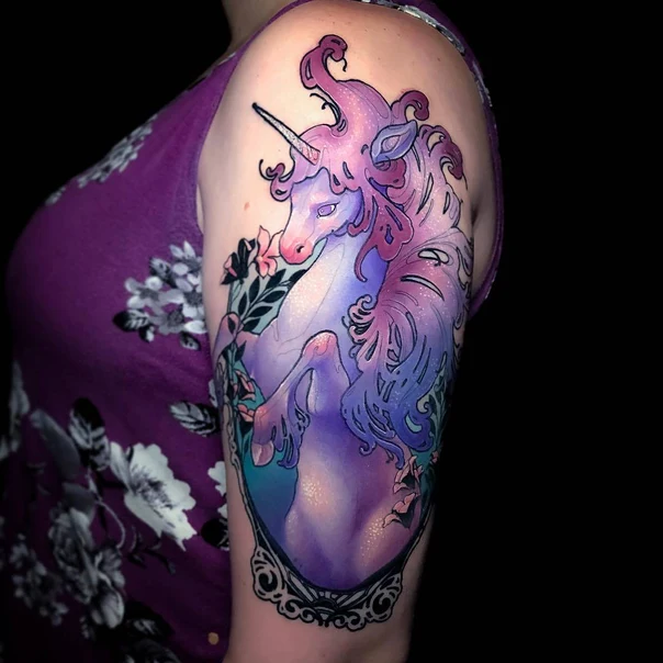Illustrative Unicorn, Flowers tattoo on Upper Arm