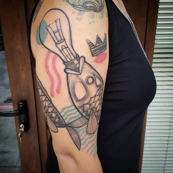 Illustrative Fish, Lightbulb tattoo on Upper Arm