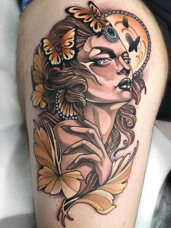 female color neo traditional Tatuaggio su thigh #23404 | Tatuatore Marty Early