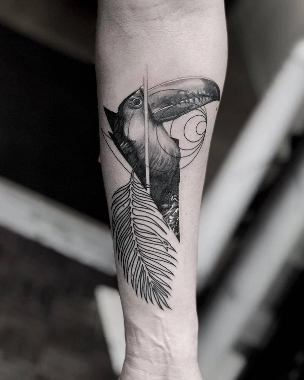 Blackwork Bird, Leaf tattoo on Forearm