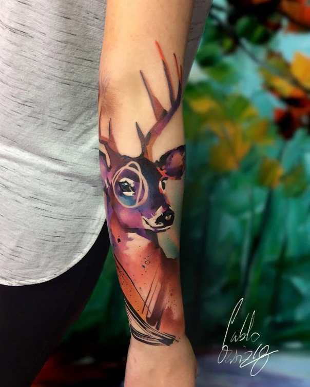Watercolor Deer tattoo on Forearm