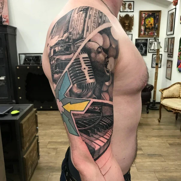 Realism Microphone, Cityscape tattoo on Full Sleeve