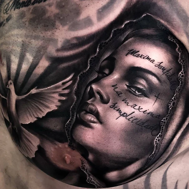 Realism Face, Dove tattoo on Chest