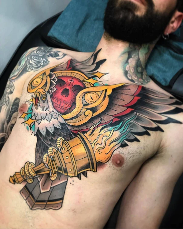 Neo Traditional Skull, Eagle tattoo on Chest