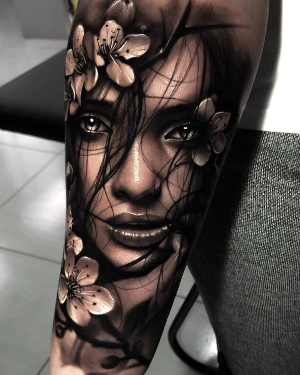 Realism Portrait, Botanic tattoo on Forearm