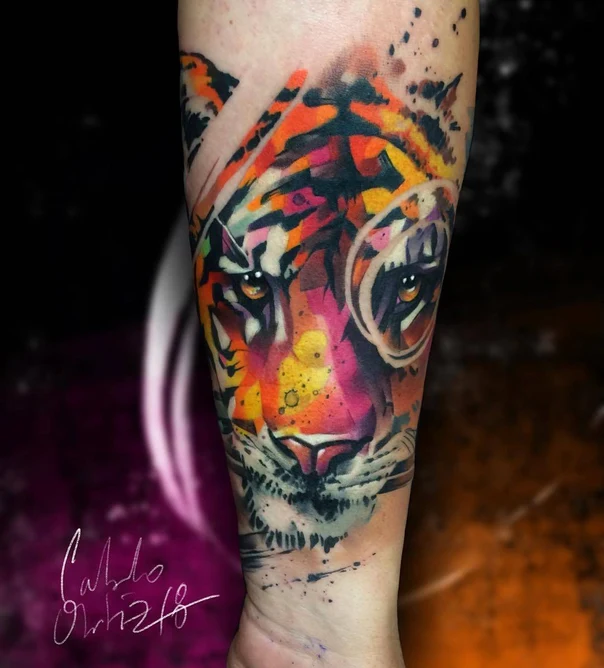 Watercolor Tiger, Portrait tattoo on Forearm