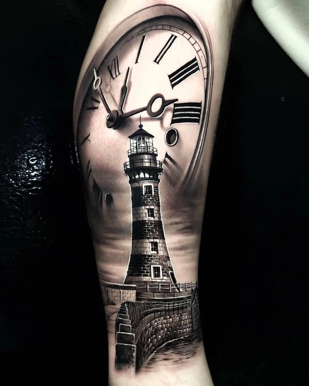 Realism Clock, Lighthouse tattoo on Forearm