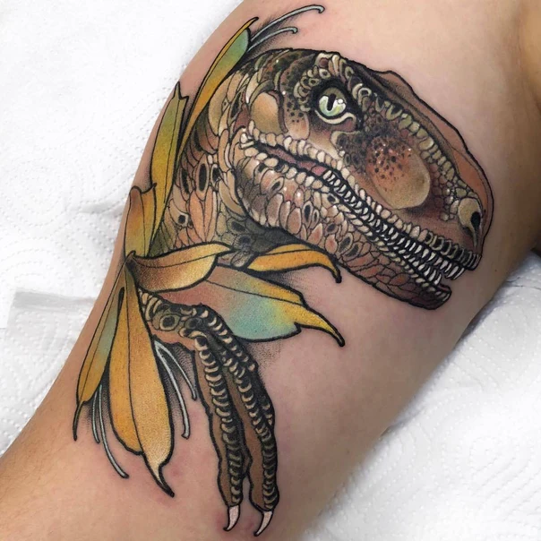 Illustrative Dinosaur, Raptor tattoo on Forearm