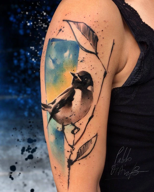 Watercolor Bird, Botanic tattoo on Upper Arm