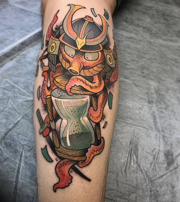 New School Octopus, Samurai tattoo on Calf