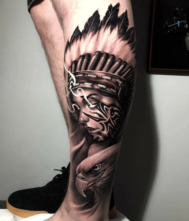 Realism Native american, Eagle tattoo on Calf