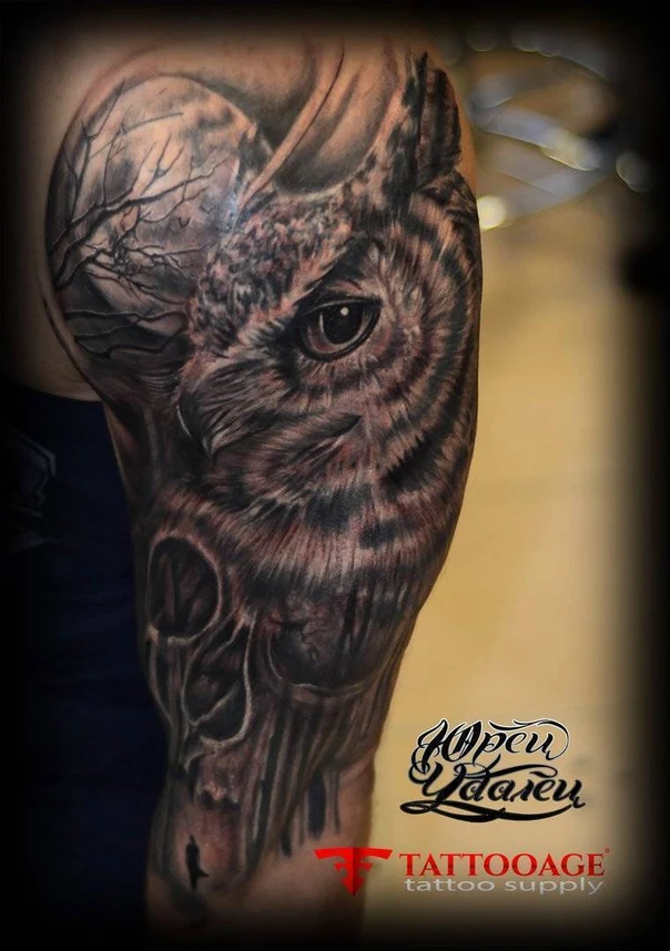 Реализм Owl, Skull tattoo на Полный рукав