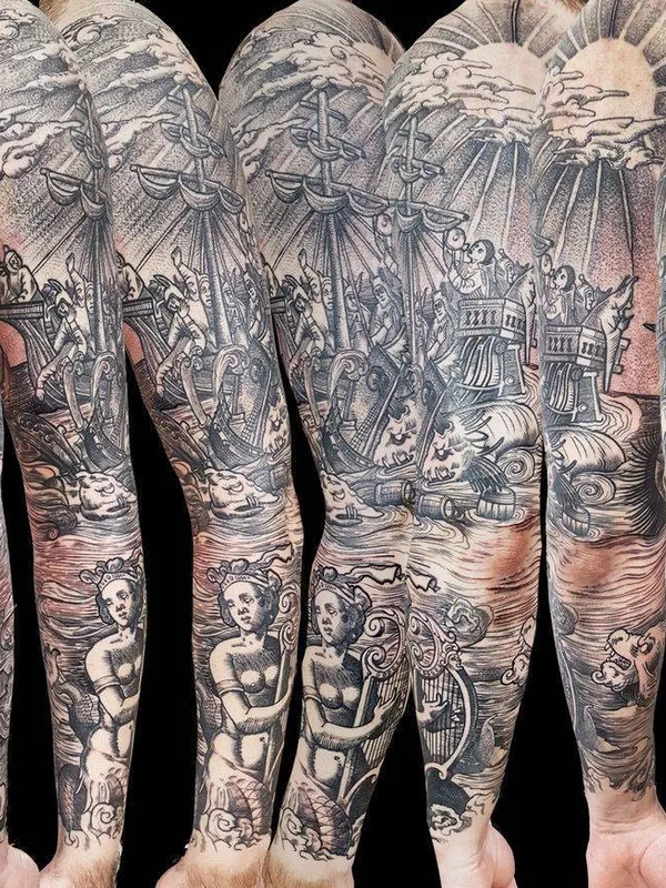 black and grey engraving 纹身 在 full sleeve #22725 | 纹身师 Marcin Pawlus