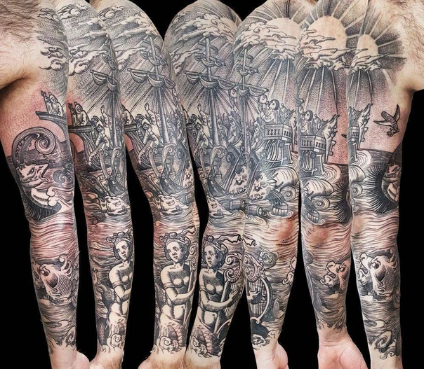 Engraving Ship, Mermaid tattoo on Full Sleeve