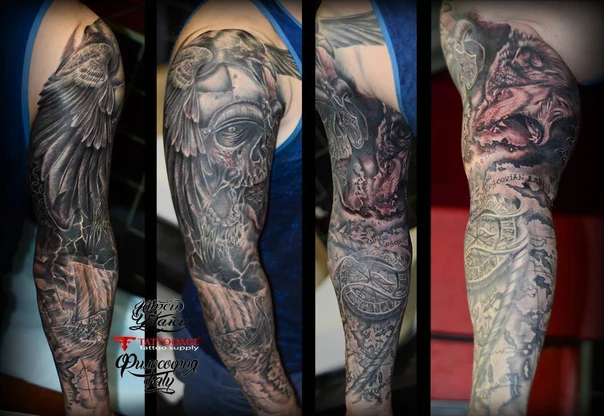 Реализм Skull, Wolf tattoo на Полный рукав