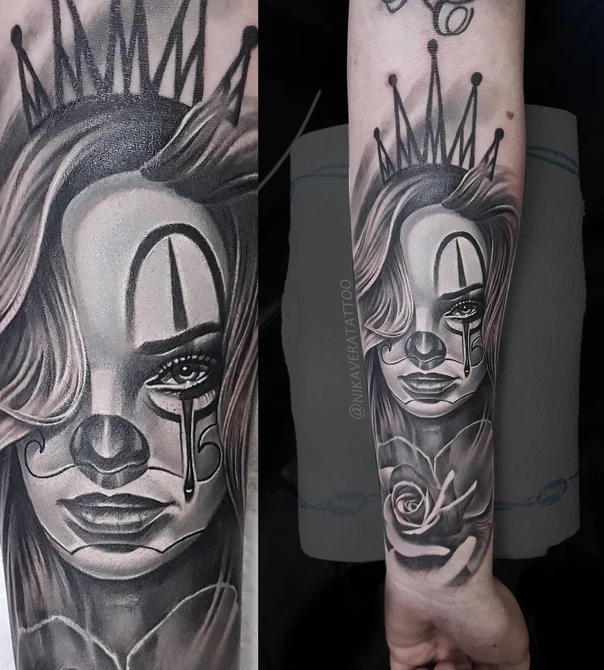 Black & Grey Clown, Rose tattoo on Forearm