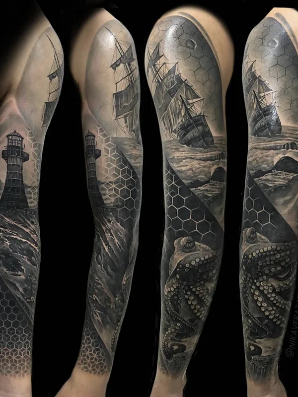 black and grey black and grey 纹身 在 full sleeve #23487 | 纹身师 Nika Ya
