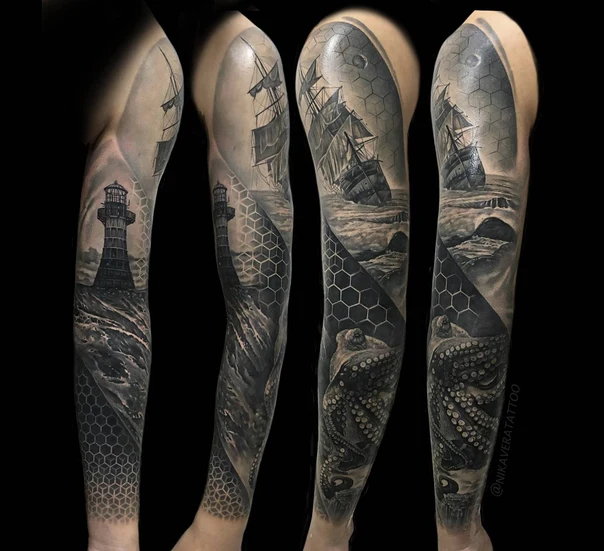 Black & Grey Lighthouse, Ship tattoo on Full Sleeve
