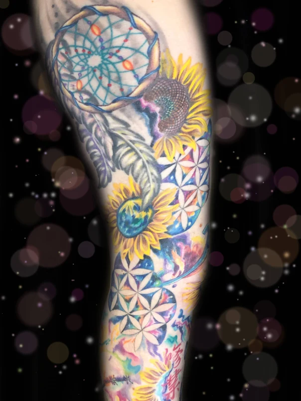 Watercolor Dreamcatcher, Sunflower tattoo on Full Sleeve