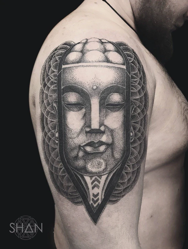 Black & Grey Buddha, Mandala tattoo on Shoulder