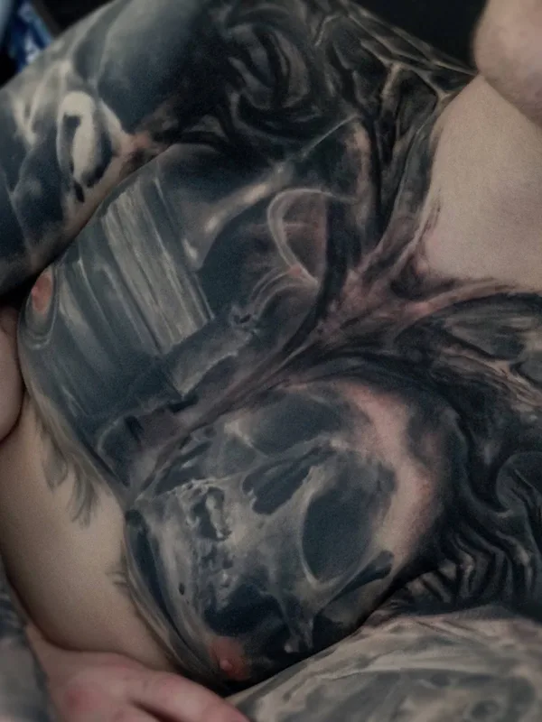 male black and grey black and grey tattoo on chest #23231 | Tattoo Artist Dmitri A.