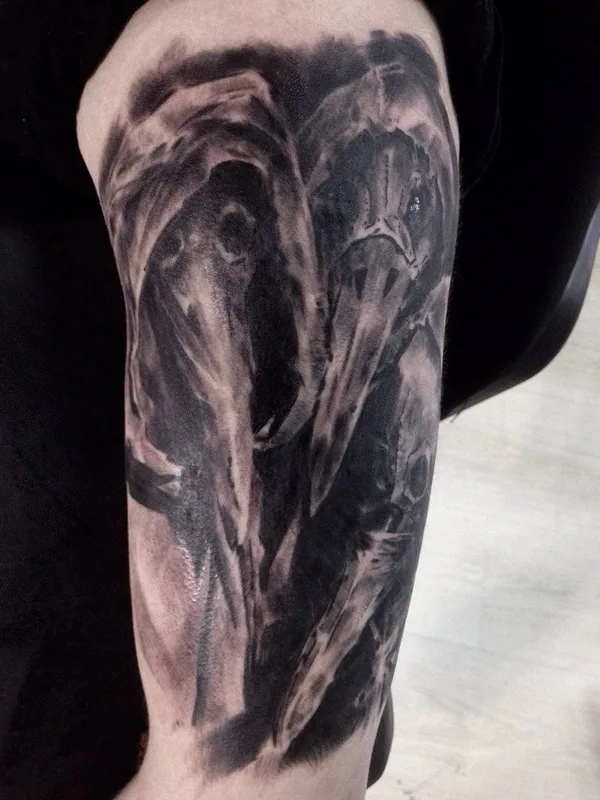 black and grey blackwork tattoo on upper arm #23224 | Tattoo Artist Dmitri A.