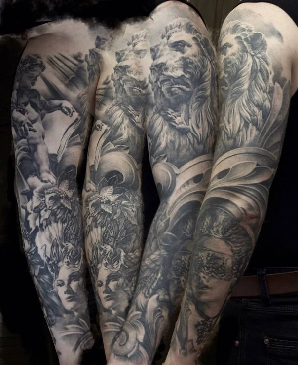 Реализм Lion, Portrait tattoo на Полный рукав