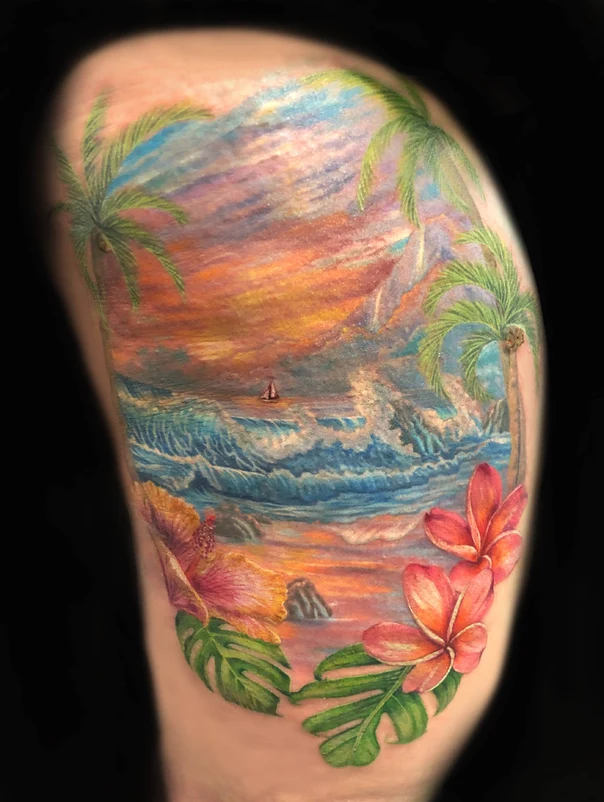 Realism Beach, Palm trees tattoo on Thigh