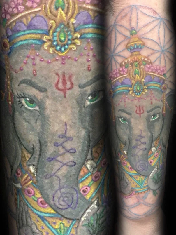 Illustrative Elephant, Sacred geometry tattoo on Forearm