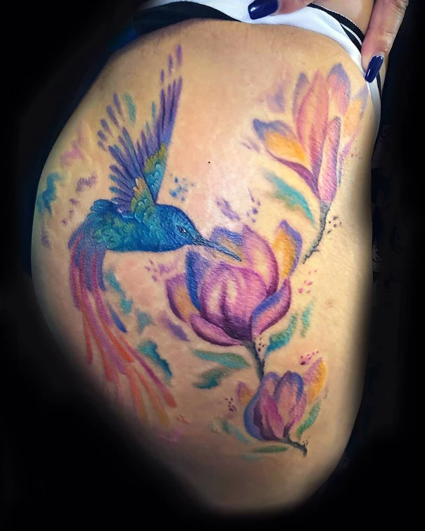 Watercolor Hummingbird, Flower tattoo on Hip