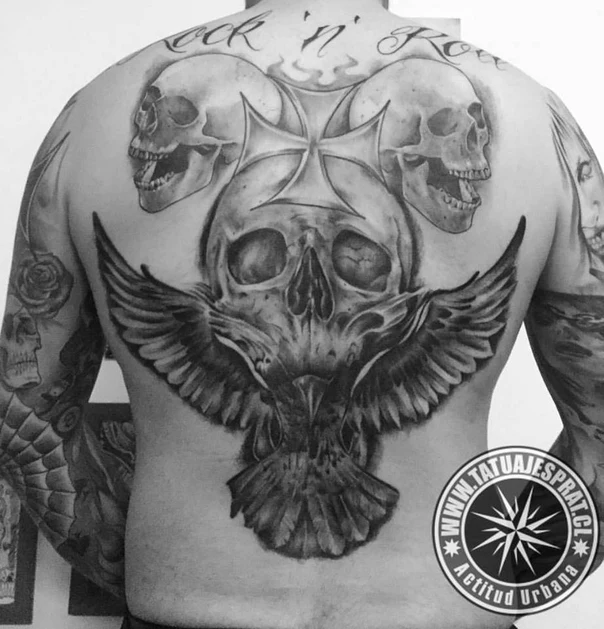 Black & Grey Skull, Wings tattoo on Full Back