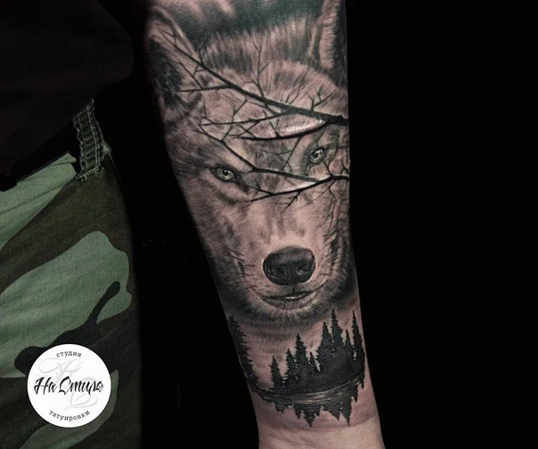 Реализм Wolf, Forest tattoo на Предплечье