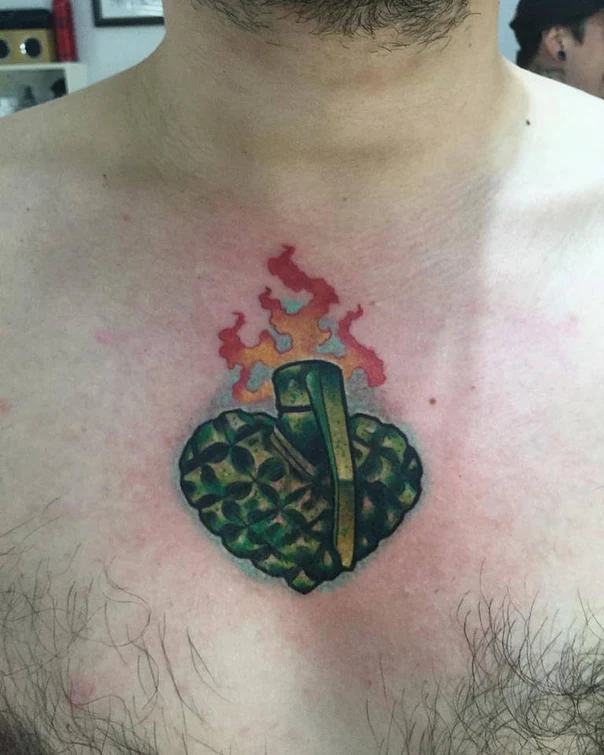 New School Grenade, Heart tattoo on Chest