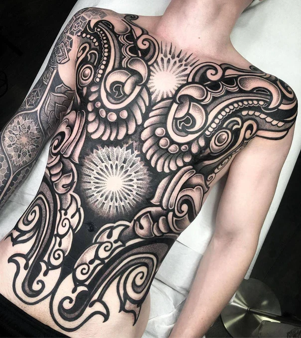 Blackwork Geometric, Mandala tattoo on Chest