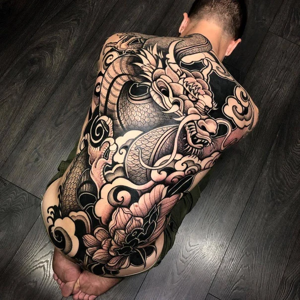 Japanese Dragon, Clouds tattoo on Full Back