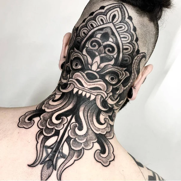 Blackwork Monster, Ornamental tattoo on Back of Neck