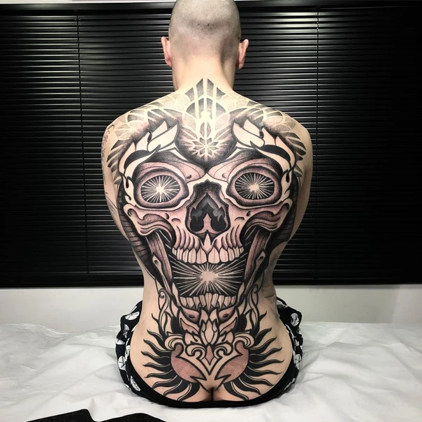 Blackwork Skull, Geometric tattoo on Full Back