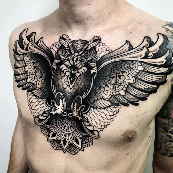 Blackwork Owl, Mandala tattoo on Chest