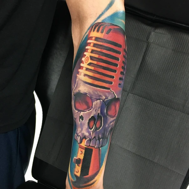 Realism Skull, Microphone tattoo on Forearm