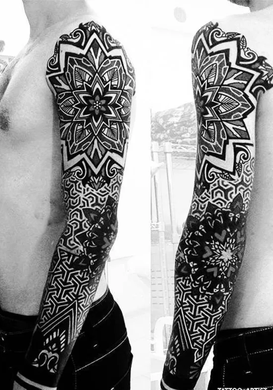 male black and grey geometric 纹身 在 full sleeve #32071 | 纹身师 Olaf Kaminskiy