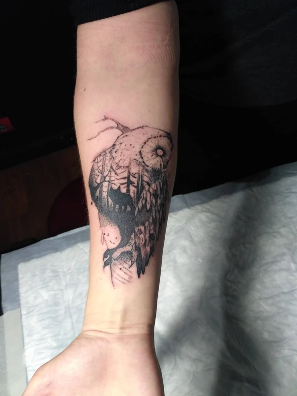Блэкворк Owl, Forest tattoo на Предплечье