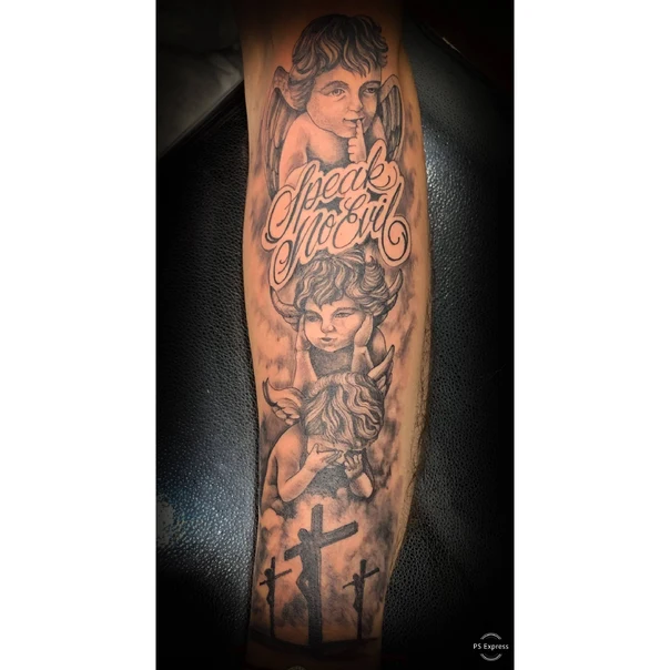 Black & Grey Cherub, Cross tattoo on Forearm
