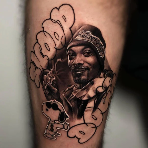 Black & Grey Portrait, Snoop dogg tattoo on Calf
