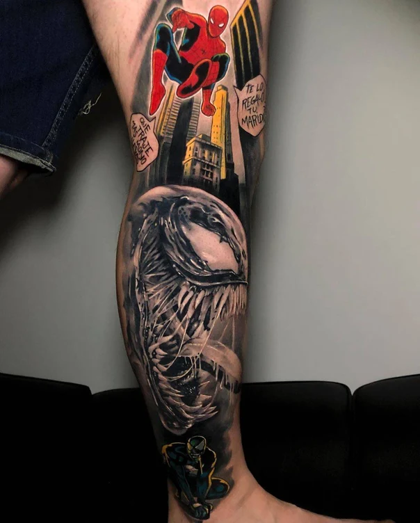 Realism Venom, Spiderman tattoo on Calf