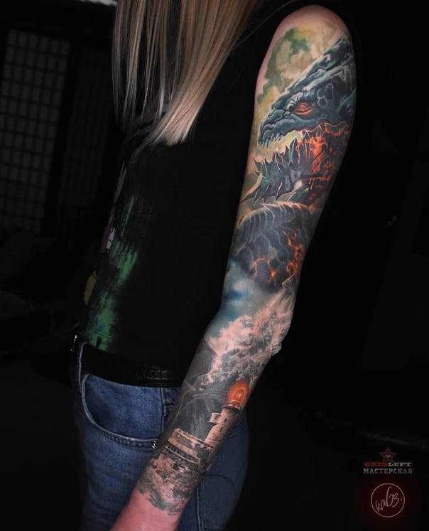 Realism Dragon, Lighthouse tattoo on Full Sleeve