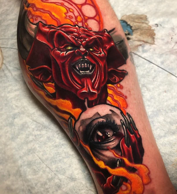 Realism Demon, Eye tattoo on Calf