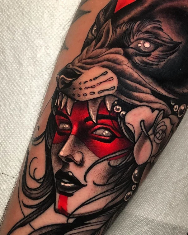 Neo Traditional Wolf, Woman tattoo on Forearm